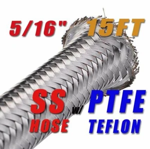 5/16" 8MM STAINLESS STEEL BRAIDED PTFE FUEL HOSE LINE OIL ETHANOL 15 FT - Picture 1 of 1