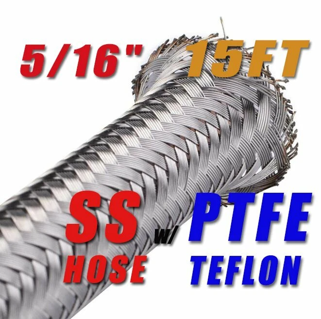 5/16" 8MM STAINLESS STEEL BRAIDED PTFE  FUEL HOSE LINE OIL ETHANOL 15 FT - Image 1 of 1