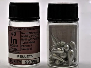 Indium Metal Pellets 10 Grams 99.99% element sample 49 in PEGUYS Element Bottle - Picture 1 of 3
