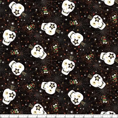 Halloween Skull heads Glow in the Dark Black Cotton Fabric 44" Yard  - Image 1 of 2