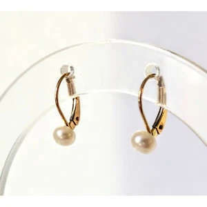 14K Solid Gold White Freshwater Cultured Pearl Lever Back Earrings 4.5mm - Picture 1 of 7