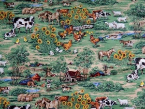 Vintage 90s Fabric VIP Joan Messmore Cottagecore Farm Rural Animals 1Y Pastoral - Picture 1 of 4