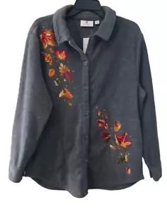Quacker Factory Fleece Falling Leaves Button Front Shacket Ivy Med ~ NWT - Picture 1 of 13