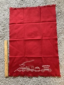 Vintage Linen Tea Towel Red And White Embroidered With A Train - Picture 1 of 5