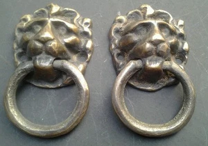 2 x Antique Style Brass Lion Head Ring Pulls  1 1/2"wide x 2 5/8"tall #H13 - Picture 1 of 4