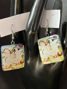 Artist Beryl Cook “Sabotage” One Button Blue Resin Dangle Earrings Cricket - Picture 1 of 7