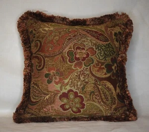 chenille floral print decorative throw pillow gold green burgundy with fringe - Picture 1 of 3