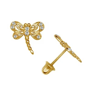 14K Solid Gold 8mm Dragonfly Screw Back Stud Earrings with Sparkling CZ Stones - Picture 1 of 11