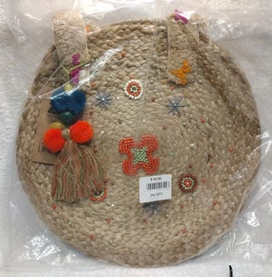 New! ZOI Round JUTE Shoulder Bag, Large Women Boho beach Party Purse,Handbag - Image 1 of 4