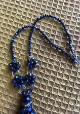 Vintage Necklace 20” with 3”Dangle Dark Blue Aurora Borealis Crystal Silver Tone