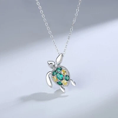 1.50Ct Oval Lab-Created Emerald Colorful Turtle Pendant 14K White Gold Plated - Image 1 of 4