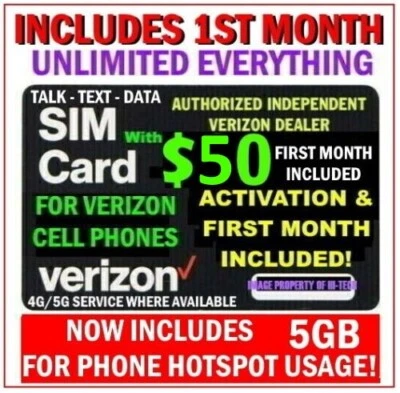 VERIZON SIM with  ✅  $50 MONTH INCLUDED UNLIMITED 5G/4G ✅ DATA+ HOTSPOT USAGE ✅ - Image 1 of 4