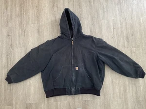 Distressed Vintage Carhartt Jacket 2XL Black Duck Canvas Hooded Quilted J140 - Picture 1 of 14