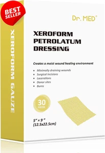 Parche de aderezo Dr.Med Xeroform Petrolatum, 5"X9"-30 piezas/caja, gasa no adherente - Imagen 1 de 12