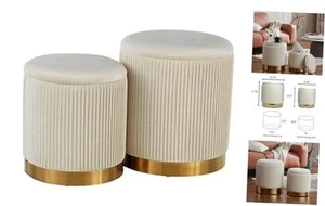 Round Ottoman with Storage Set of 2, Off-White Velvet Storage Ottoman for  - Picture 1 of 7