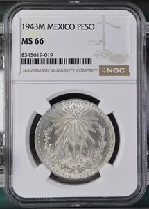 1943 Mexico 1 Peso Silver Coin - NGC MS66 - Picture 1 of 3