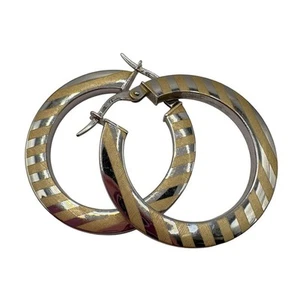 10KT GOLD MID CENTURY Vintage Two Tone Striped & Textured Hoop Earrings Italy - Picture 1 of 9