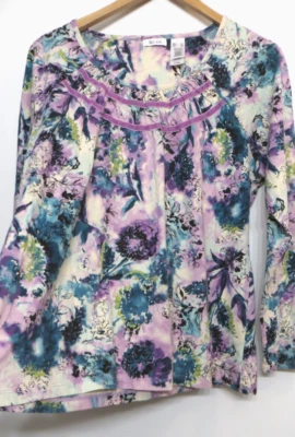 Liz & Co. Camisa Mujer XL Púrpura Azul Floral Manga Larga Algodón Camiseta Arte Naturaleza Foto 1 de 4