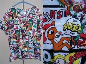 Rudolph the Red Nosed Reindeer scrubs top shirt size XL vneck XMAS in JULY Santa - Picture 1 of 9