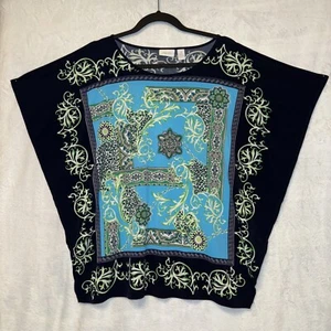 Chicos 3 US XL-16 Blouse Women Black Green Greek Key Floral Short Sleeve Kimono - Picture 1 of 10