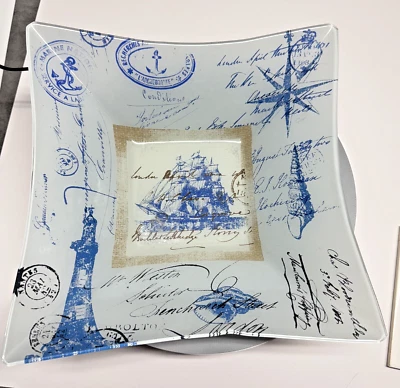 Nautical Vintage-Inspired Frosted Glass Square Plate – Sailing Ship & Maritime - Image 1 of 4