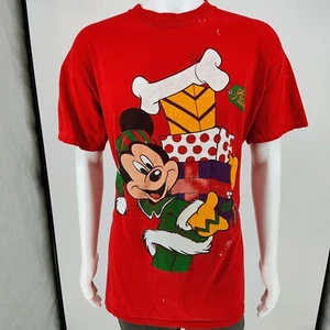 Vintage 1990s Single Stitch Disney Store Mickey Mouse Christmas Red T-Shirt (XL) - Picture 1 of 18