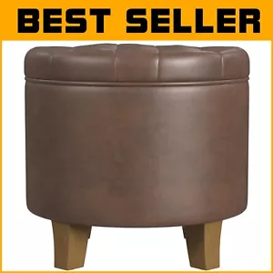 Classic Brown Round Faux Leather Ottoman - Stylish Storage Solution for 250 lbs - Picture 1 of 12