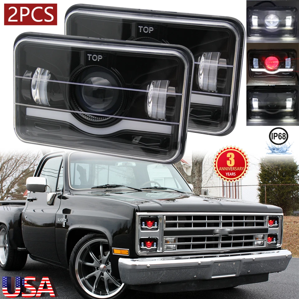NEW For Chevy C10 Pickup Truck 1980-1986 2PCS 4x6" LED Headlights Hi-Lo Beam DRL - Image 1 of 4