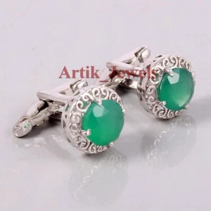 Natural Green Onyx Gemstone With 14K White Gold Plated Silver Cufflink #693 - Picture 1 of 10