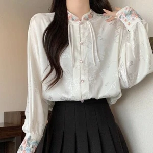 Satin Shirt Faux Silk Top Business Pullover Retro Blouse Chinese Style Button - Picture 1 of 15