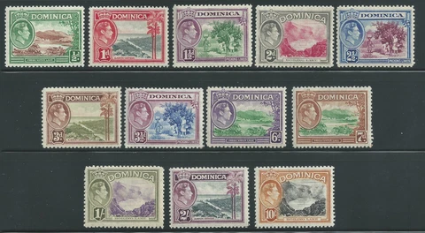Dominica Scott # 97-107, 110 MH (# 103, 107 & 110 MNH) George VI 1938 Near Set Cover