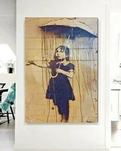PÓSTER DE ARTE DE PARED DE BANKSY CHICA EN LLUVIA OSCURA IMPRESIÓN DE LONA ENMARCADA PROFUNDA IMAGEN - Imagen 1 de 3