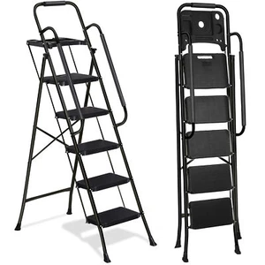 5 Step Ladder w/ Handrails Folding Step Stool Anti-Slip Pedal w/Tool Tray Black - Picture 1 of 24