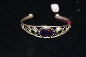 Handmade Faceted Amethyst and Moldavite Sterling Silver Bracelet! - Picture 1 of 5