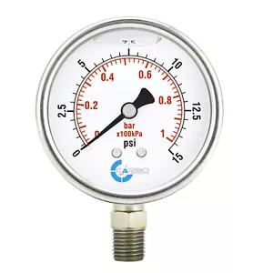 2" Pressure Gauge, Stainless Steel Case, Liquid Filled, Lower Mnt, 15 PSI - Picture 1 of 4