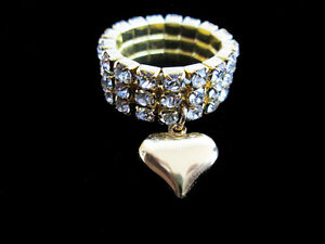 3 Row Austrian Crystal Rhinestone Puffed Heart Stretch Ring Gold gep Silver gep