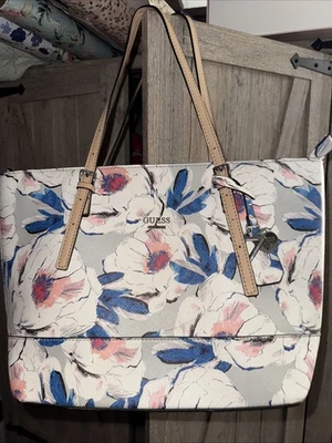 Guess Laptop Bag Shoulder Purse White Pink Blue Pastel Floral Zip Top - Image 1 of 4