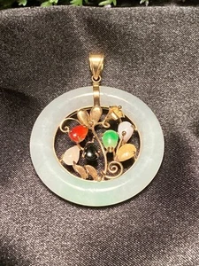 Vintage Chinese Treasure 14k Yellow Gold Multi-Color Natural Jadeite Pendant - Picture 1 of 14