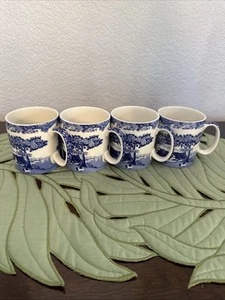 Spode England 4 Italian Design Blue White Landscape Porcelain 8 Oz Mugs Cups EUC - Picture 1 of 7