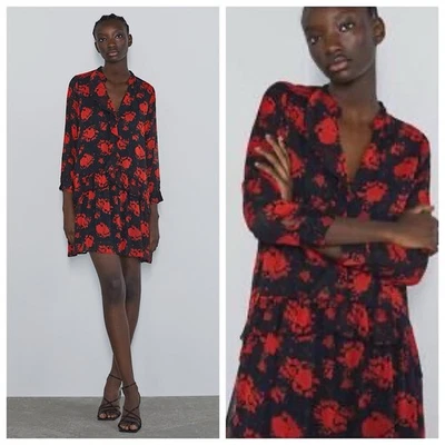 Mini Vestido Zara Cuello en V Volantes Transparente Para Mujer Talla XXL Negro Rojo Floral Manga 3/4 Foto 1 de 4