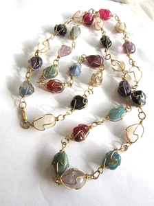 Vintage wire wrapped tumbled stone linked necklace -34" long - Picture 1 of 11