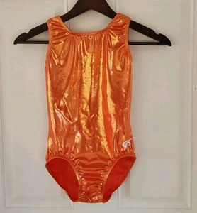 GK Elite Orange Foil Leotard Gymnastic Mystique Hologram Square Back Size AS - Picture 1 of 5