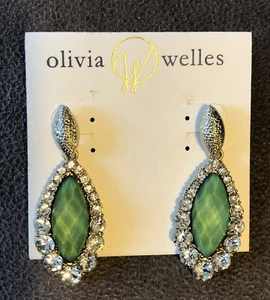 Emerald Green Rhinestones Gold Tone Olivia Welles Dangle Earrings New 2” C27 - Picture 1 of 2