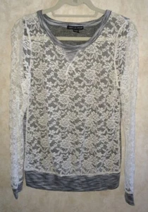 AMERICAN DREAM Lace Front & Sleeves Long Sleeve Sweater Cream Grey NEW Jrs Sz M - Picture 1 of 4