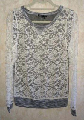 AMERICAN DREAM Lace Front & Sleeves Long Sleeve Sweater Cream Grey NEW Jrs Sz M - Image 1 of 4
