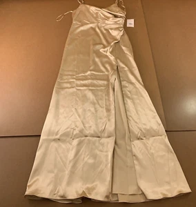 Birdy Grey Womens Medium Gold Shiny Satin Catherine V Neck Ruched Maxi Dress NWT - Picture 1 of 12