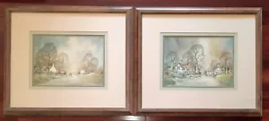 2 Farm Village George Allen Watercolor Prints Going Market Country Gossip 27x23 - Imagen 1 de 11