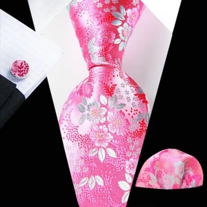 Classic Floral Pink White Jacquard Silk Men's Tie Necktie Hanky Cufflink Set - Picture 1 of 7