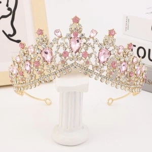 Gold Crown Vintage Headband, Pink Crystal Rhinestone Hair Jewelry - Picture 1 of 4