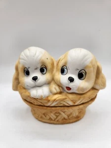 Vintage Porcelain Dog Puppy Figurines ~ Two Puppies in a Basket ~Trinket Box - Picture 1 of 7